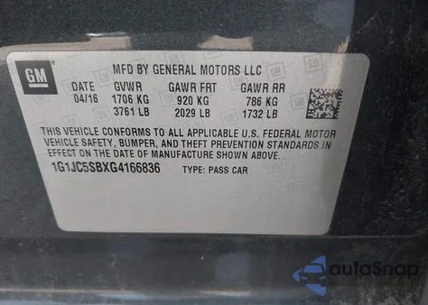 2016 Chevrolet Sonic Lt Auto из США, поврежденный, VIN 1G1JC5SBXG4166836